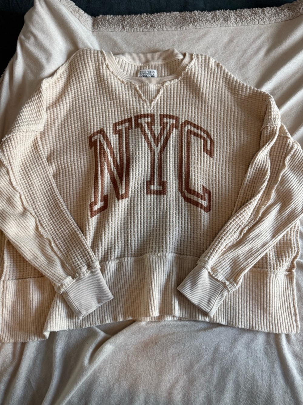 American Eagle Oversized NYC Waffle Knit Top - Cream with Rust Lettering